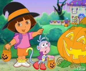 yapboz Dora ve bot maymun Cadılar Bayramı kutlamak